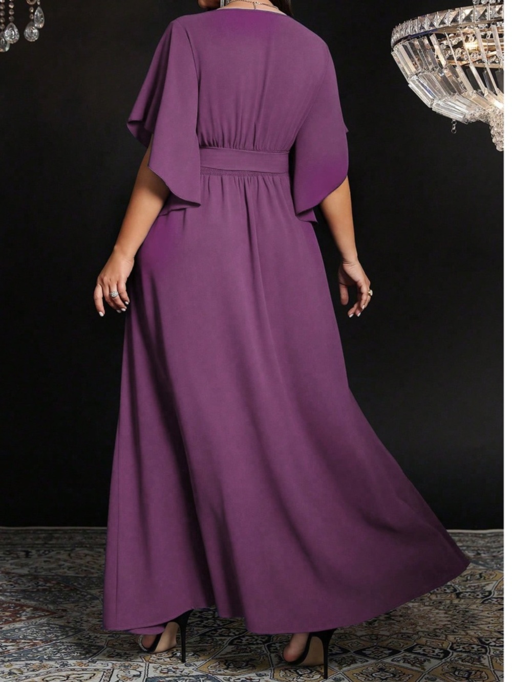  Plus Solid V neck Flounce Sleeve Belted Split Thigh Party Evening Dress - Picture 8 of 15